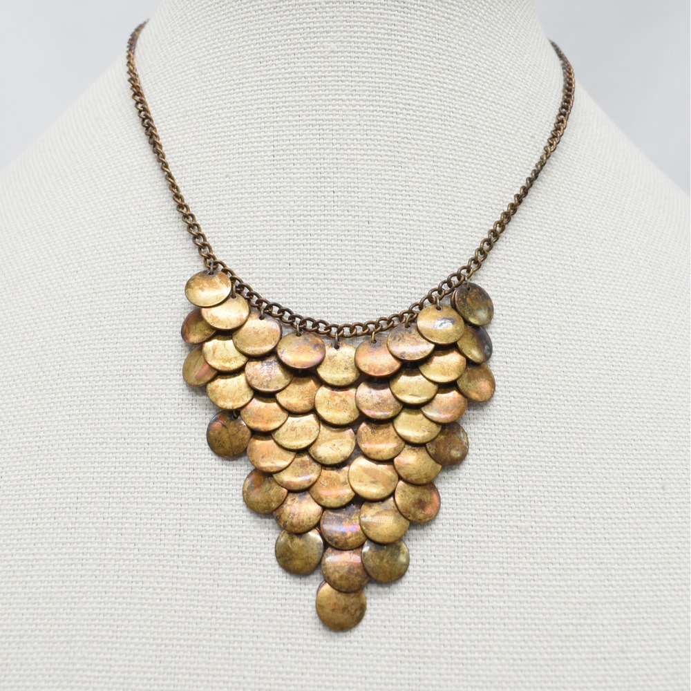 Boho Bib Necklace Bronze Coin Disc Scale Layering Festival Jewelry Whimsigoth